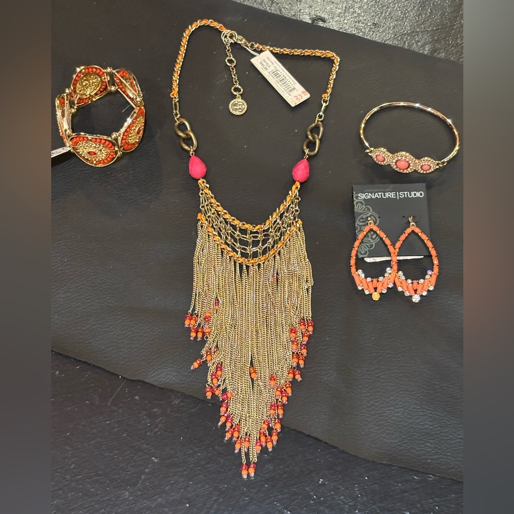 Tassel collar necklace, bracelet (2) & earring bundle (4)